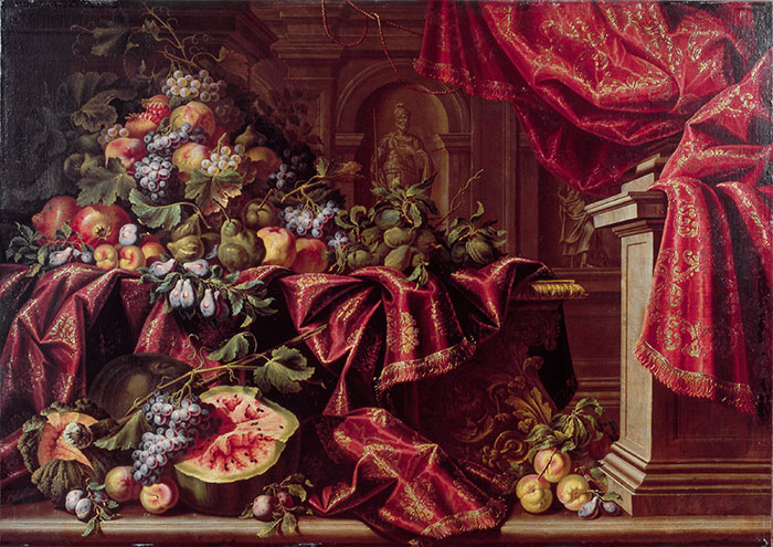 Anonimo — Manieri Carlo - sec. XVII/ XVIII - Natura morta con frutta, tenda e fondale architettonico — insieme